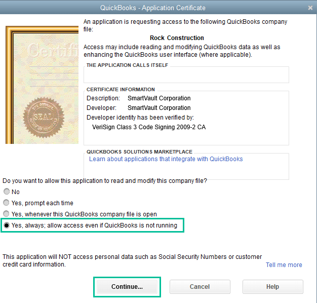 QB - Application Certificate - Allow access when QB is not running.png