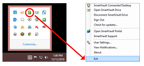 Image exiting Smart Vault connected desktop in the Windows taskbar. See information above