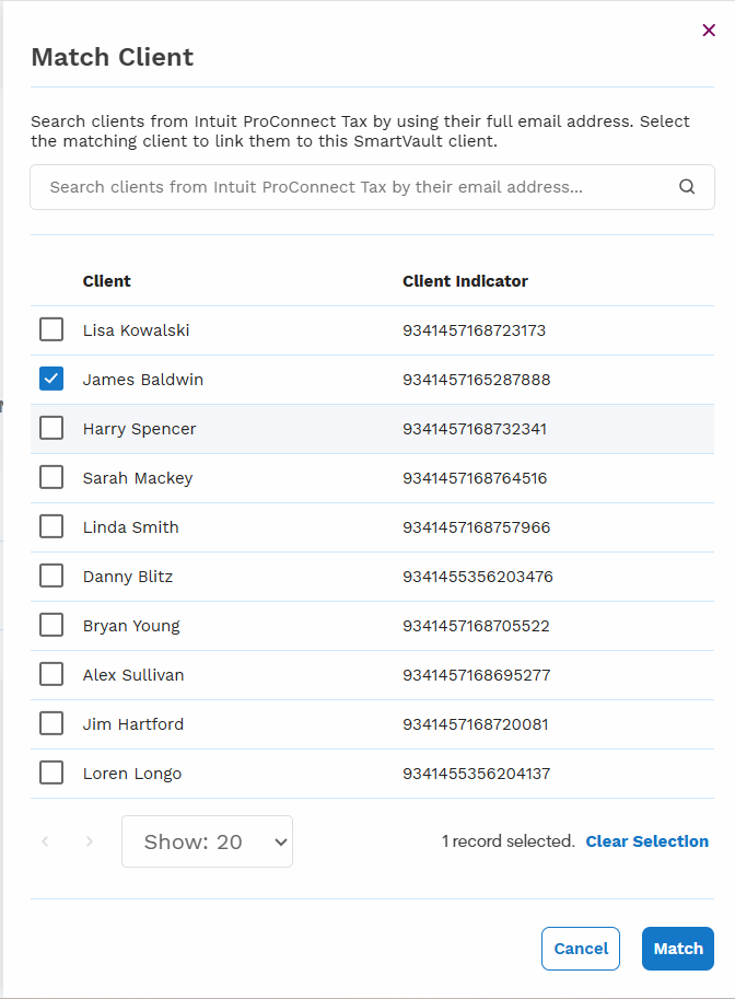Client Matching setup screen