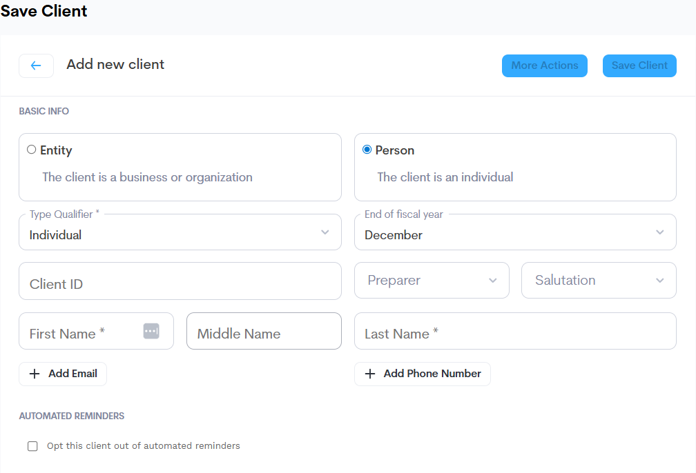 Step 1: Automated Reminders field during client creation
