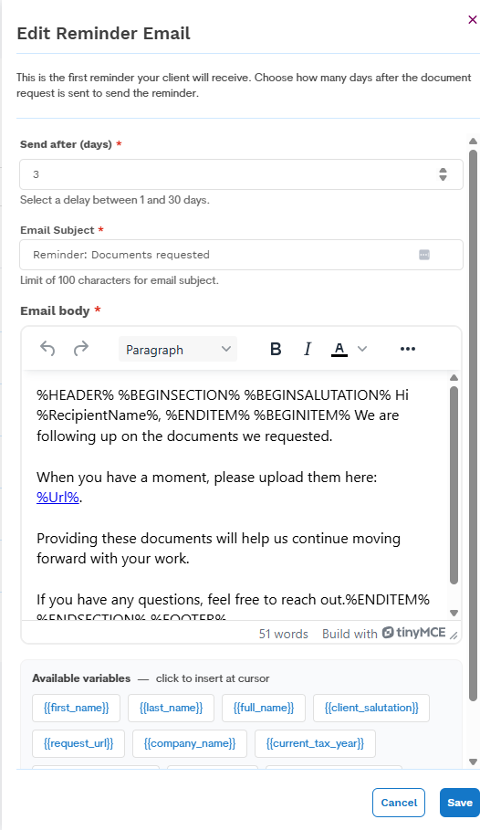 Step 4: Edit Reminder Email panel