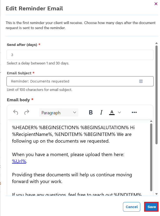 Step 5: Save email reminder