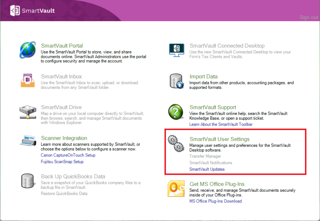 Step 2: Select SmartVault User Settings