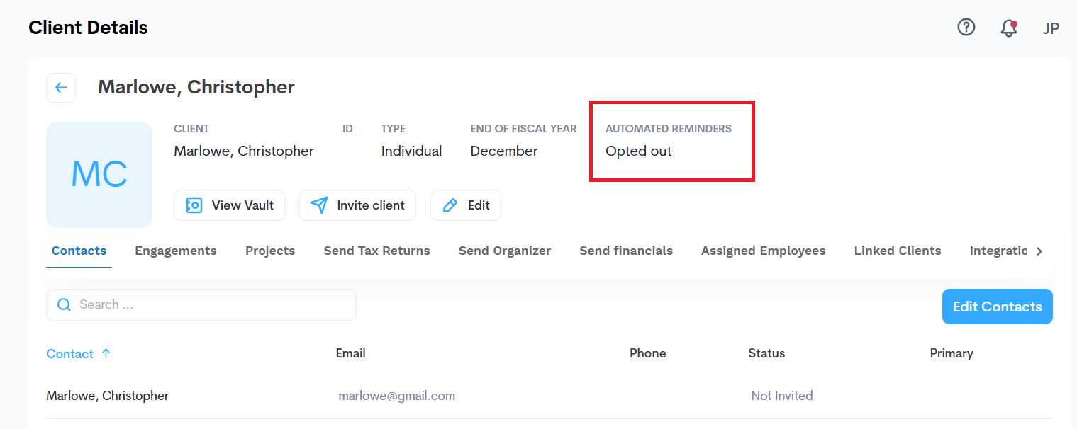 Now, opt-out status appears directly on Client Details, with no need to enter edit mode