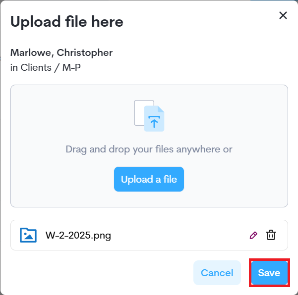 Selecting Save to upload the document with the new name