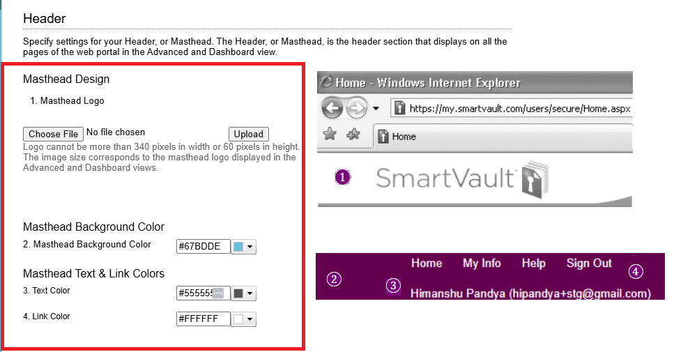 Masthead Logo section expanded showing the logo upload field and color options