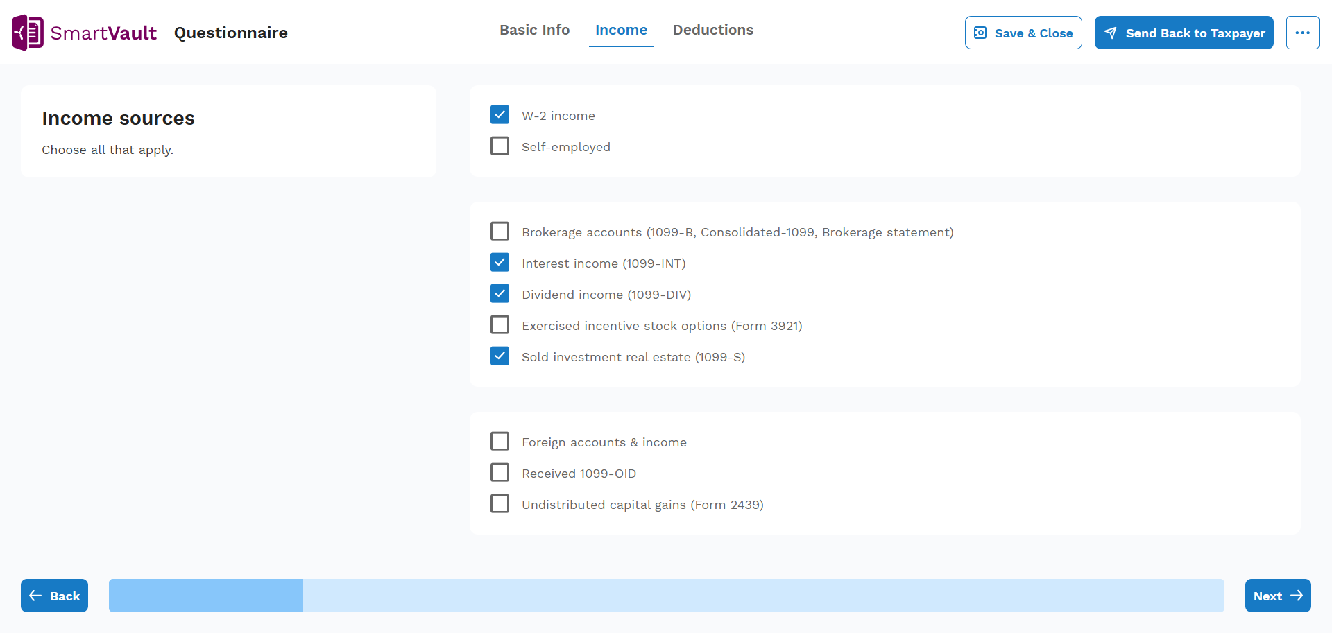 SmartRequest questionnaire, W-2 Income, Interest Income, Dividend Income, and Real Estate Income already selected