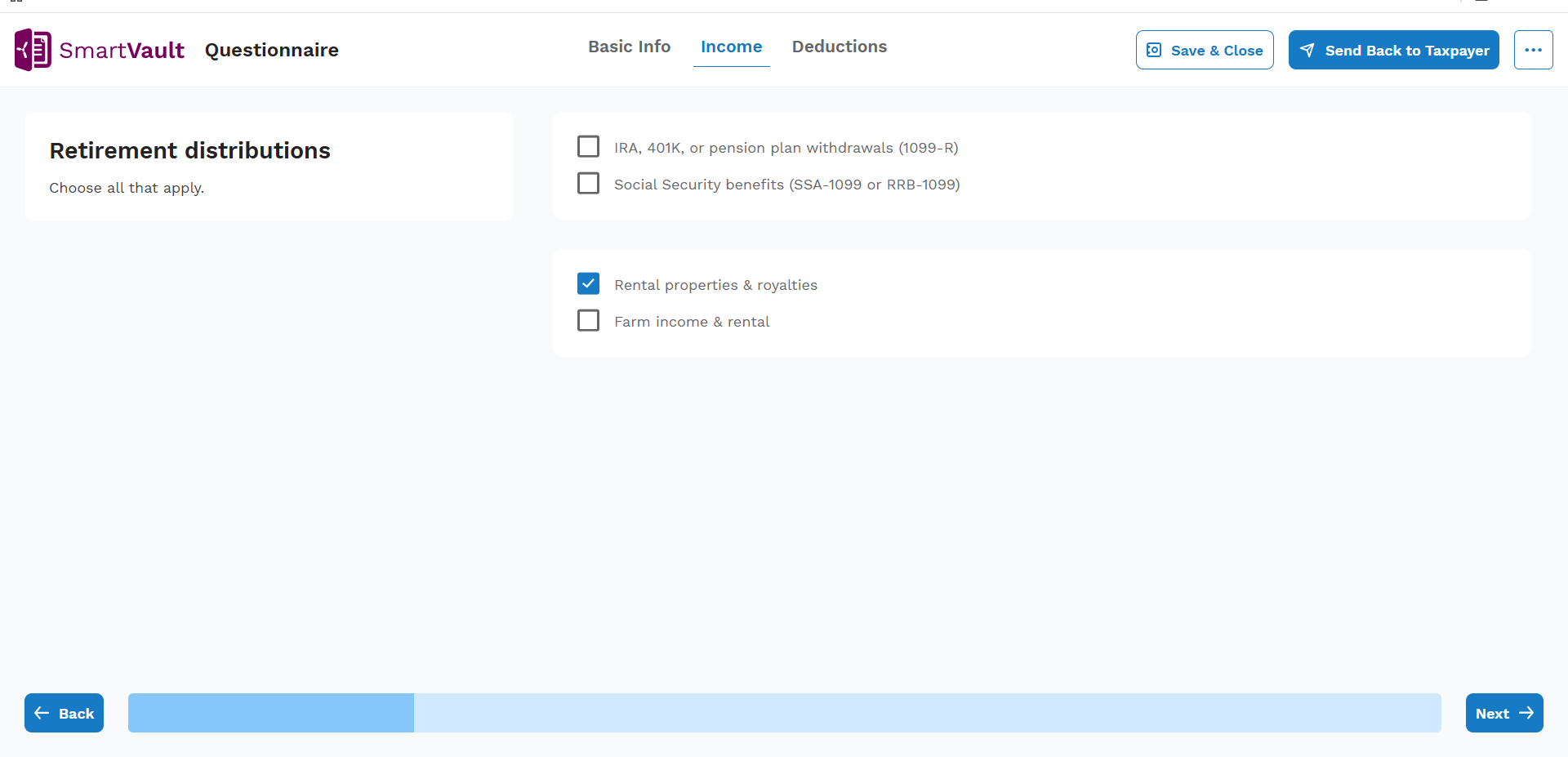 Rental Properties also pre-selected on the questionnaire