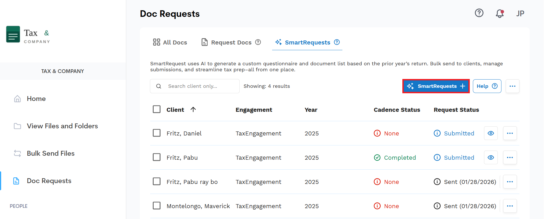 DocRequest sidebar, creating a SmartRequest