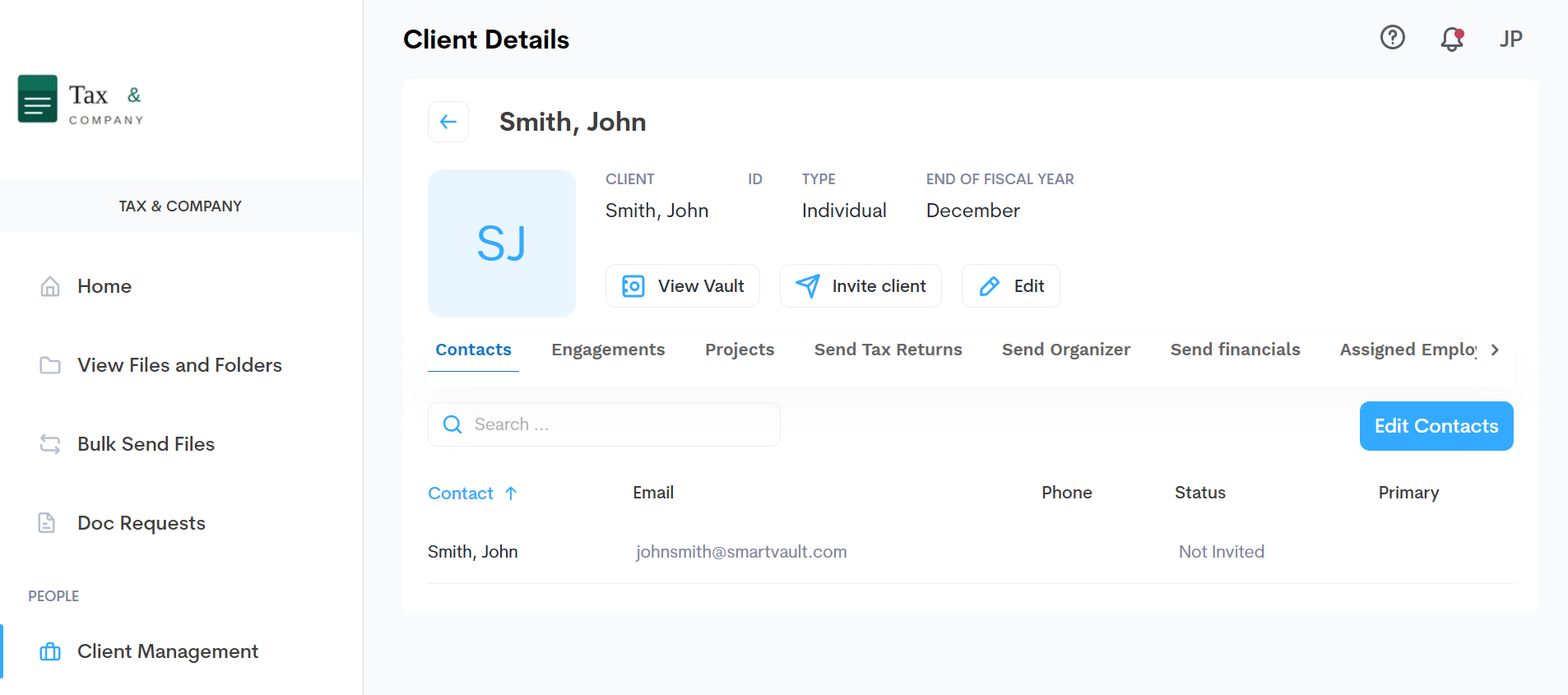 Client Management sidebar, opening the Client Details page in SmartVault