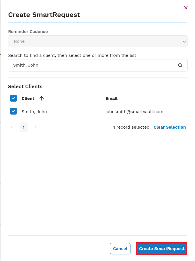 Selecting SmartRequest, searching for the client, and selecting Create SmartRequest
