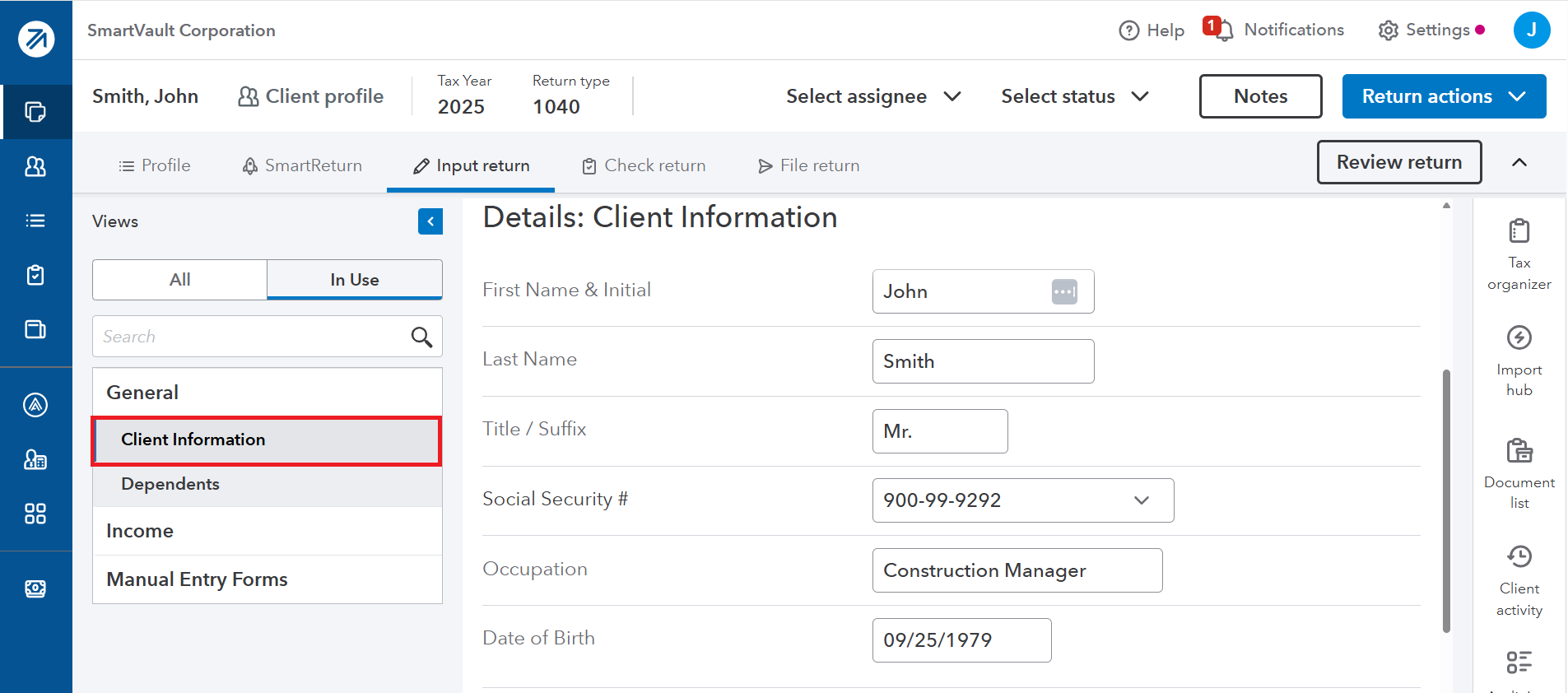 ProConnect client info tab for John Smith, showing name, SSN, Occupation, and DOB.