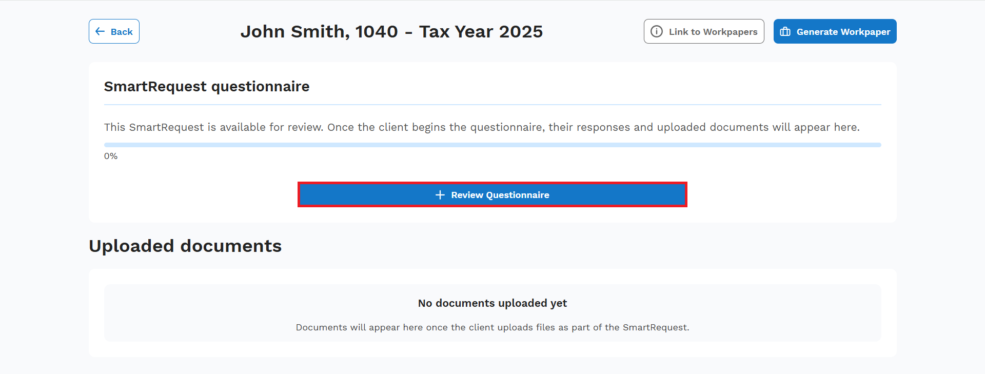SmartRequest Questionnaire page, selecting Review Questionnaire