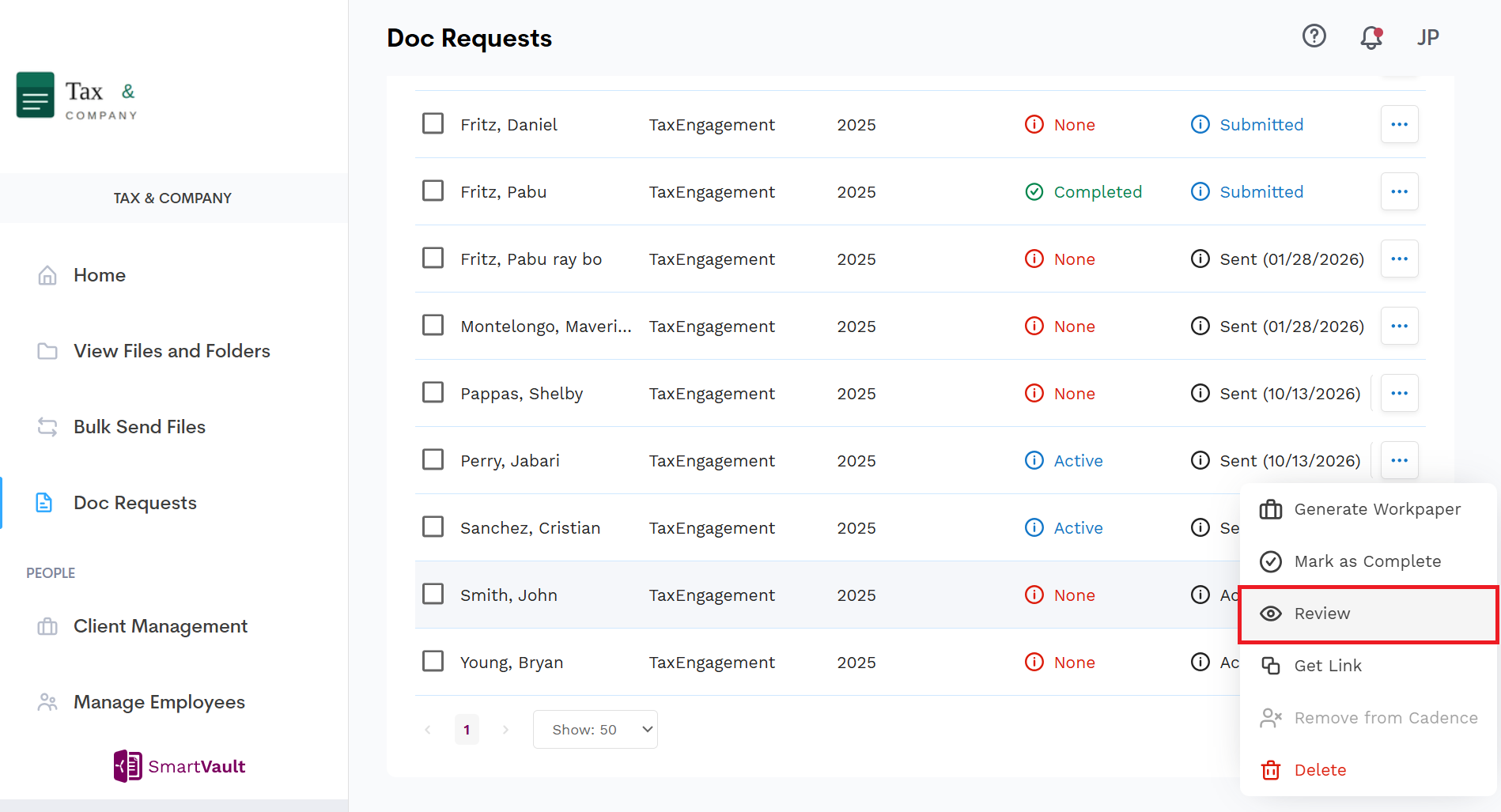 Searching for the SmartRequest in the Doc Requests search bar, selecting the ellipsis, and selecting Review