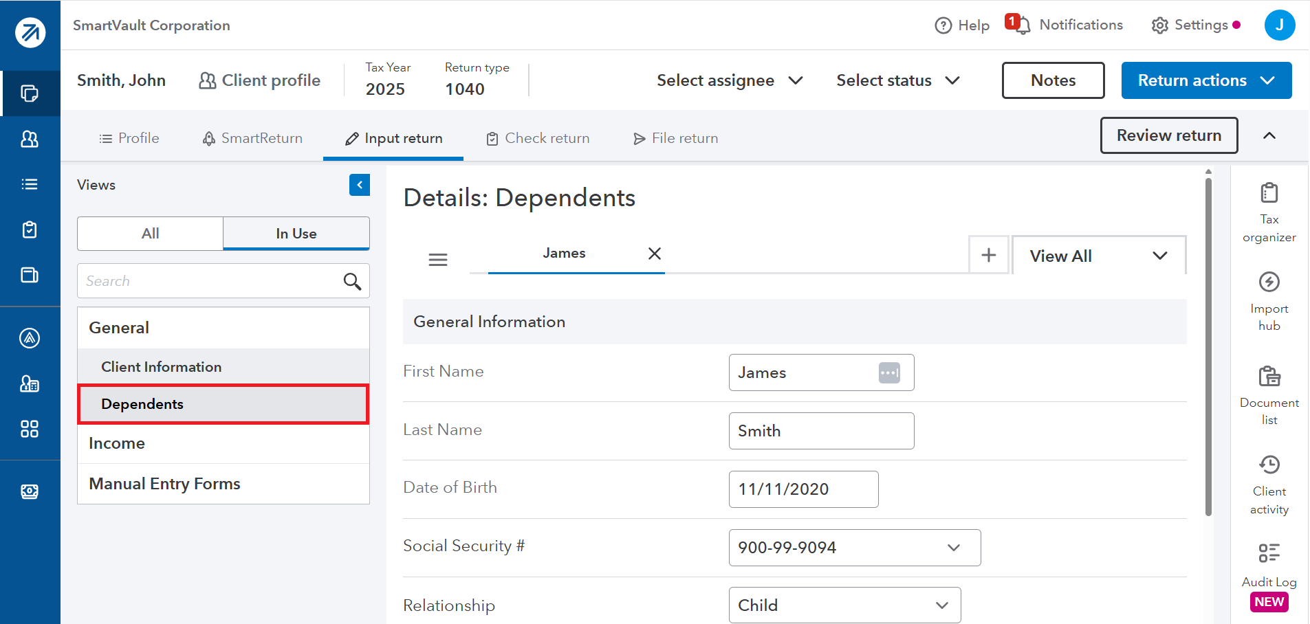ProConnect Dependents sidebar showing James Smith