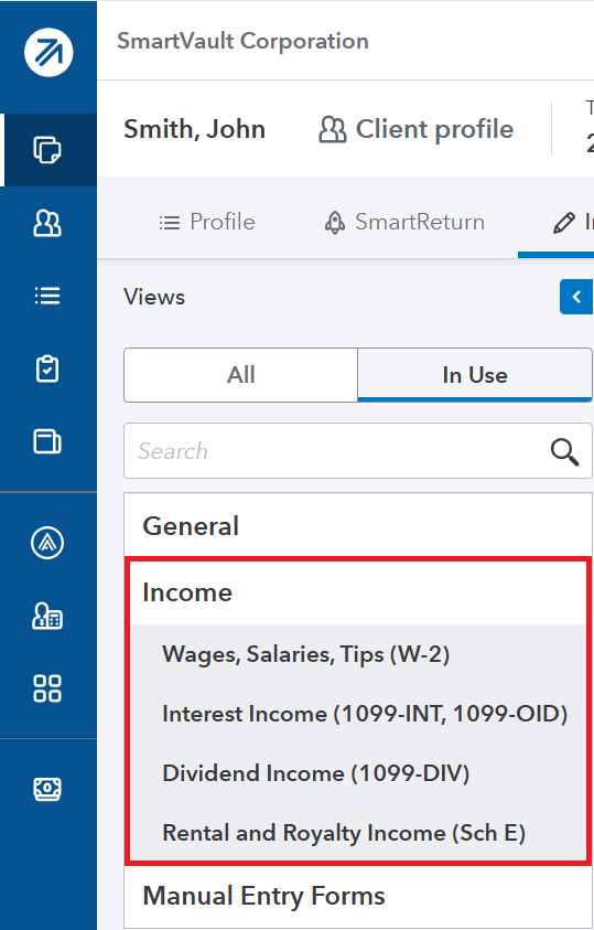 ProConnect Income section showing W-2, Interest Income, Dividend Income, and Rental and Property Income