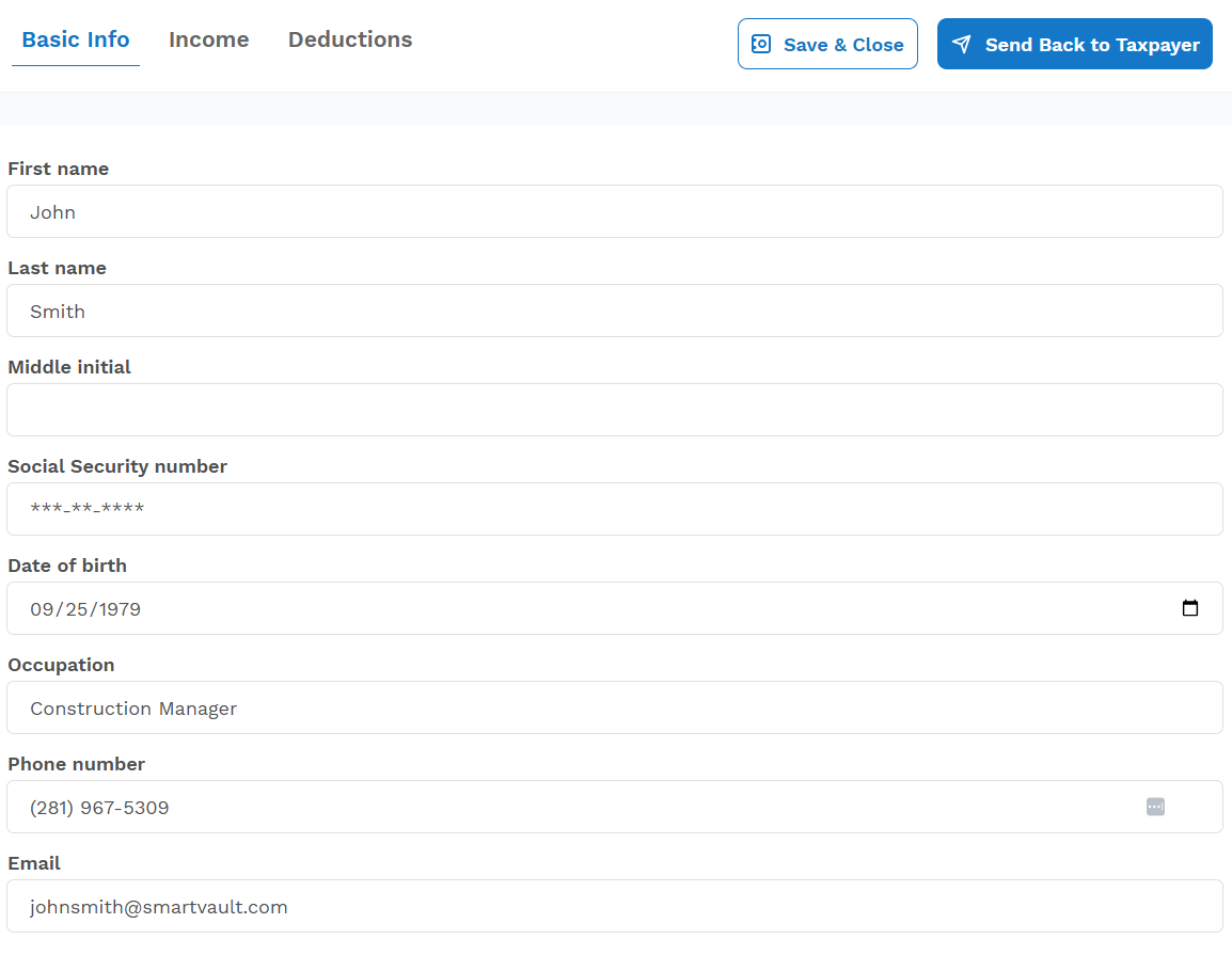 SmartRequest questionnaire, First Name, SSN, DOB, and Occupation already prefilled.