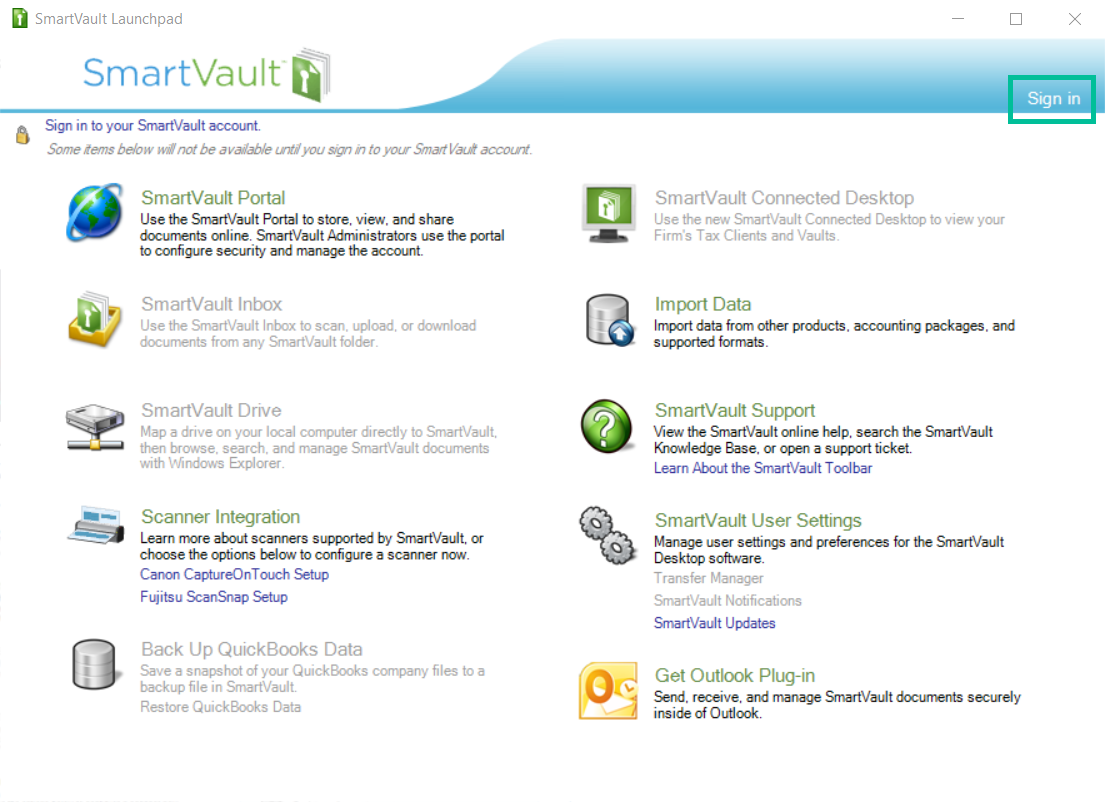 SmartVault connected desktop window with sign in button highlighted at the top right. See information above.