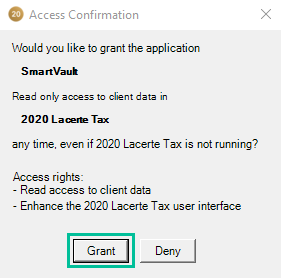 Lacerte Access confirmation window with grant button highlighed. See information above.