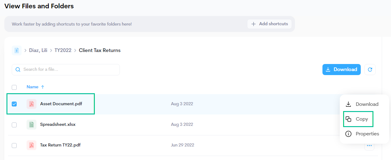 View files and folders page with document and actions menu higlighted. See information above