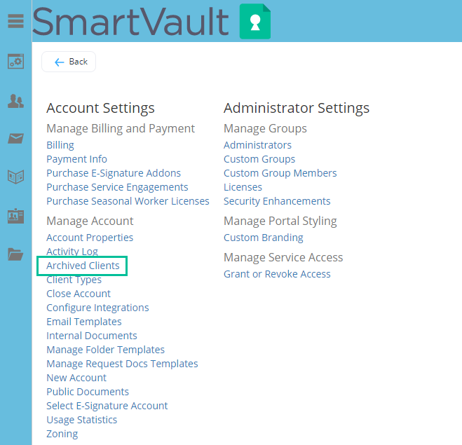 Smart Vault setting page with Archived Clients link highlighted. See information above.