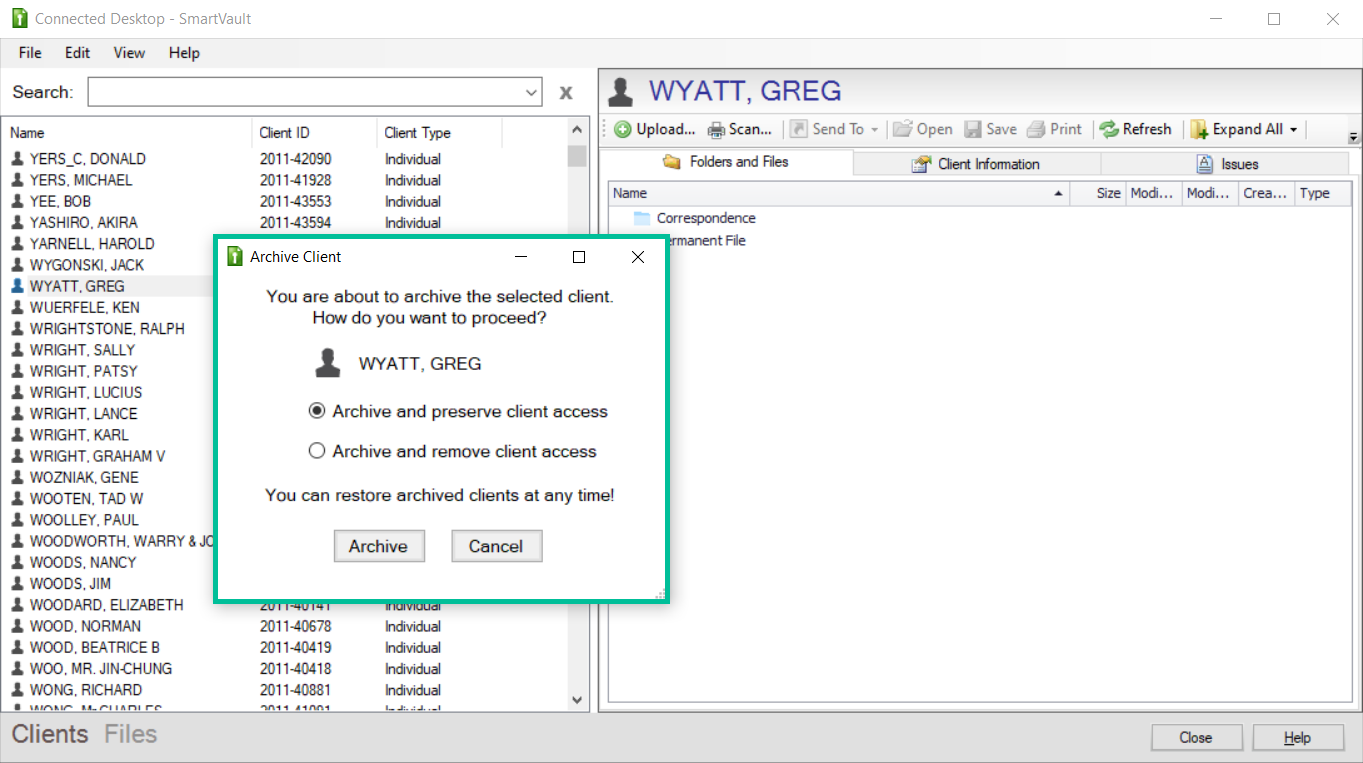 Image of Archive Client window with access options. See information above. See information above.
