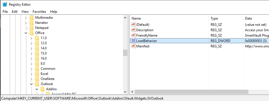 Image of Windows registry window with load behavior highlighted . See information above