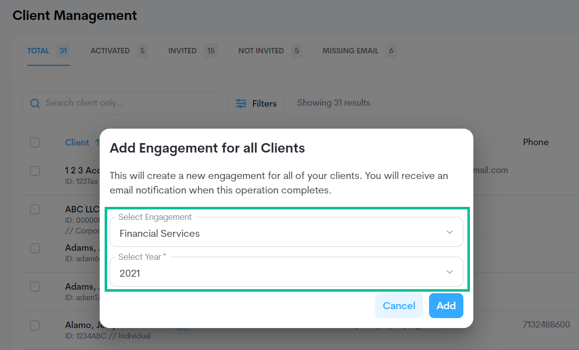 Add engagements for all clients window. See information above