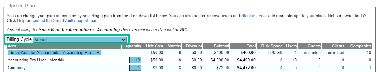 Sample billing page showing an annual subscription. See information above