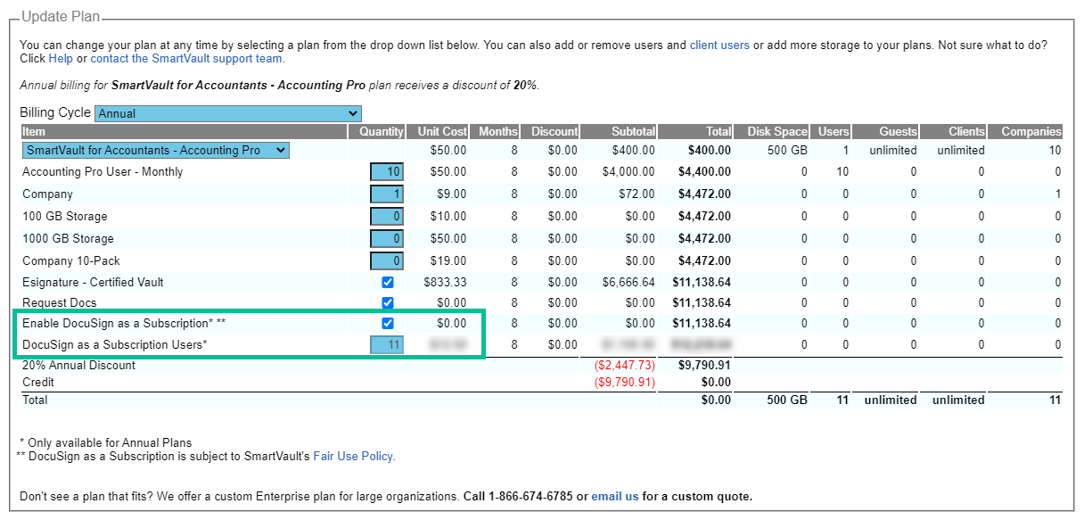Image of update plan page with docusign subscription items slected. See information above
