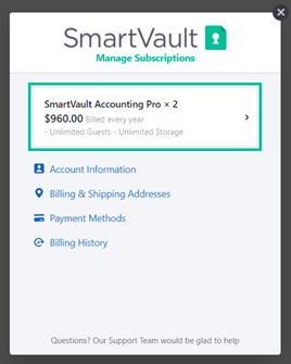 Image of manage subscriptions window. See information above