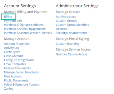 Image of accounts page with billing highlighted. See information above