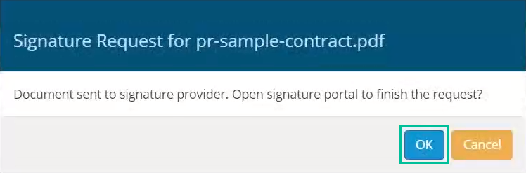 Image of signature request confirmation window. See information above