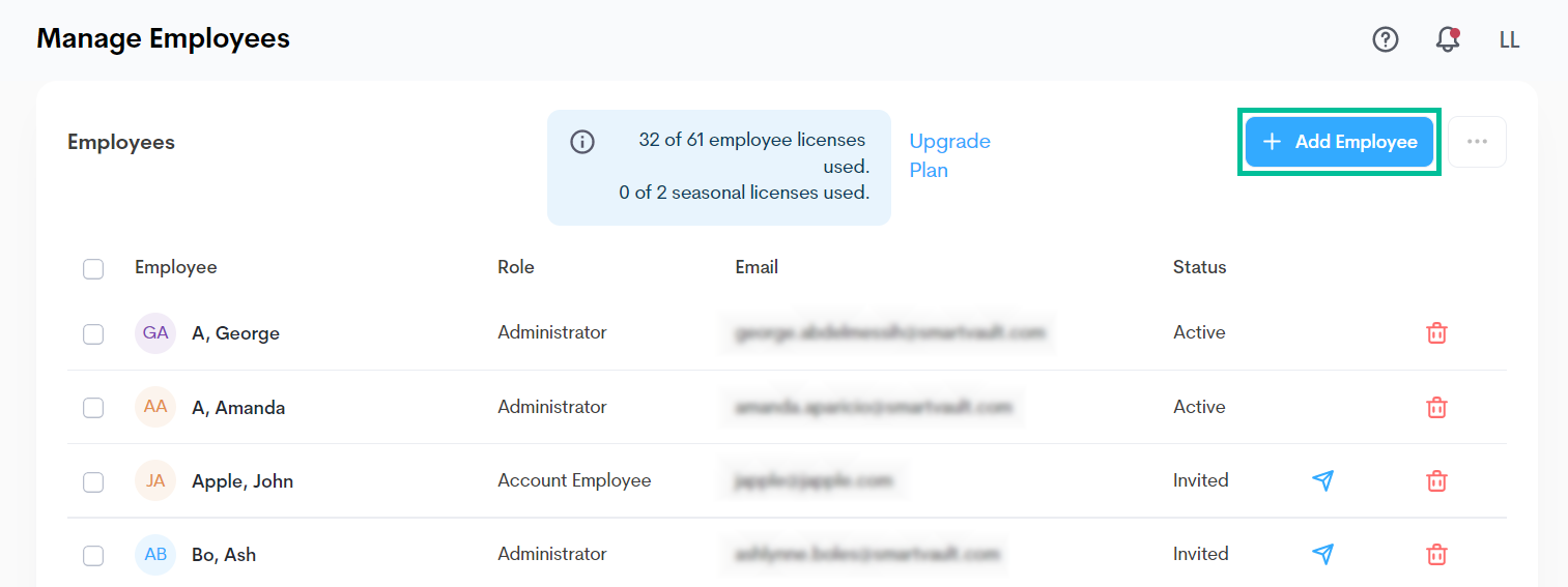 Image of Manage Employees page. See information above