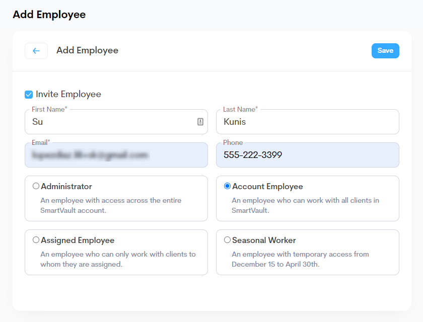 Image of the add employee information page. See information above