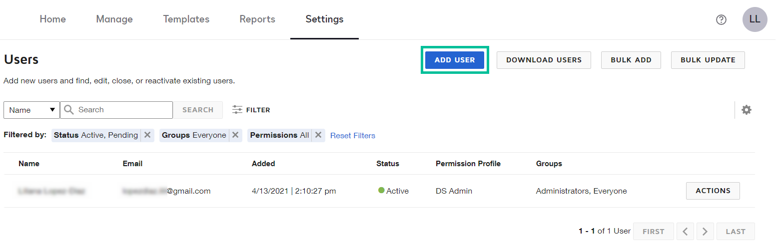 Image of DocuSign Users page. See information above