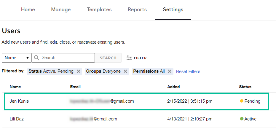 Image of sample users page list with pending status employees. See information above